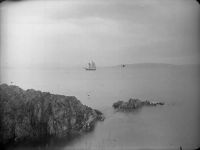 COVE, SAILING SHIP IN DISTANCE