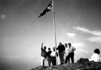 Hosting the Union Flag on Manaton Rocks to celebrate the 50th anniversary of VE day