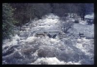 Clapper bridge on East Dart in flood