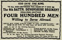 1WW RECRUITING ADVERTISEMENT FOR THE 6TH BATTALION THE DEVONSHIRE REGIMENT