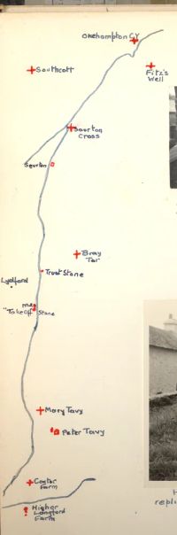 A diagram showing the locations of features between Tavistock and Okehampton