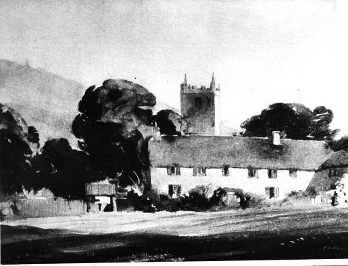 Painting of Manaton church and Ivy Cottages