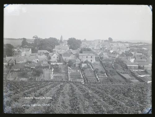 General view (spire on church being rebuilt), Tawton, North