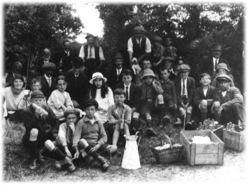 Lustleigh community members taking refreshment during beating the bounds, 1924