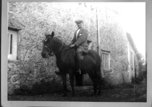 Jim Dunning on horseback at Deal farm, Manaton, 1920s or 1930s?