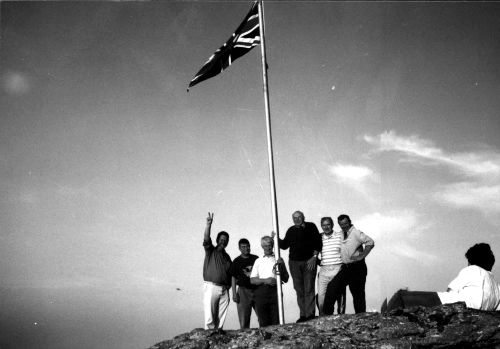 Hosting the Union Flag on Manaton Rocks to celebrate the 50th anniversary of VE day