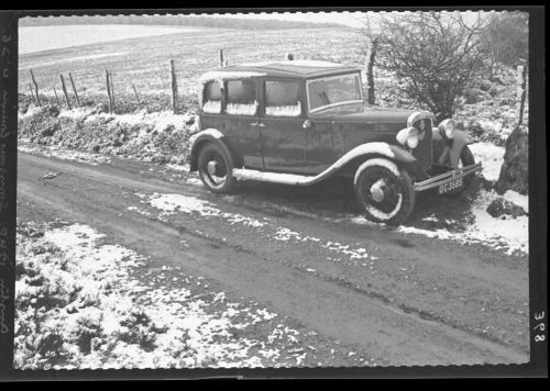 Sydney Taylor's Austin on snowy Soussons common, Easter Sunday 1936.