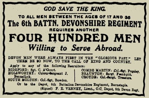 1WW RECRUITING ADVERTISEMENT FOR THE 6TH BATTALION THE DEVONSHIRE REGIMENT