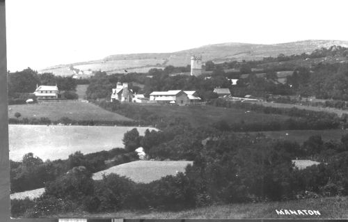 Panorama of Cross Park, Town Barton, the School and Manaton Church