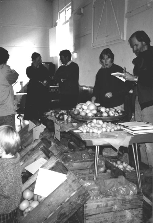 Apple stalls in the village hall, Lustleigh Apple Day