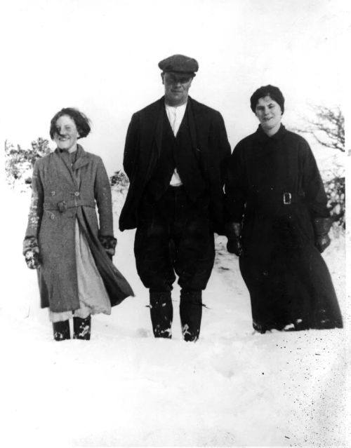 Florence (Ruby), Arthur and Doris Brown walking in deep snow